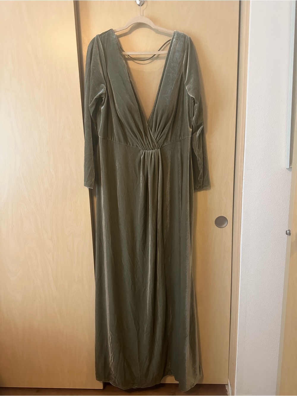 Jenny Yoo Olive Green Velvet Maxi Dress with Deep V-Neck